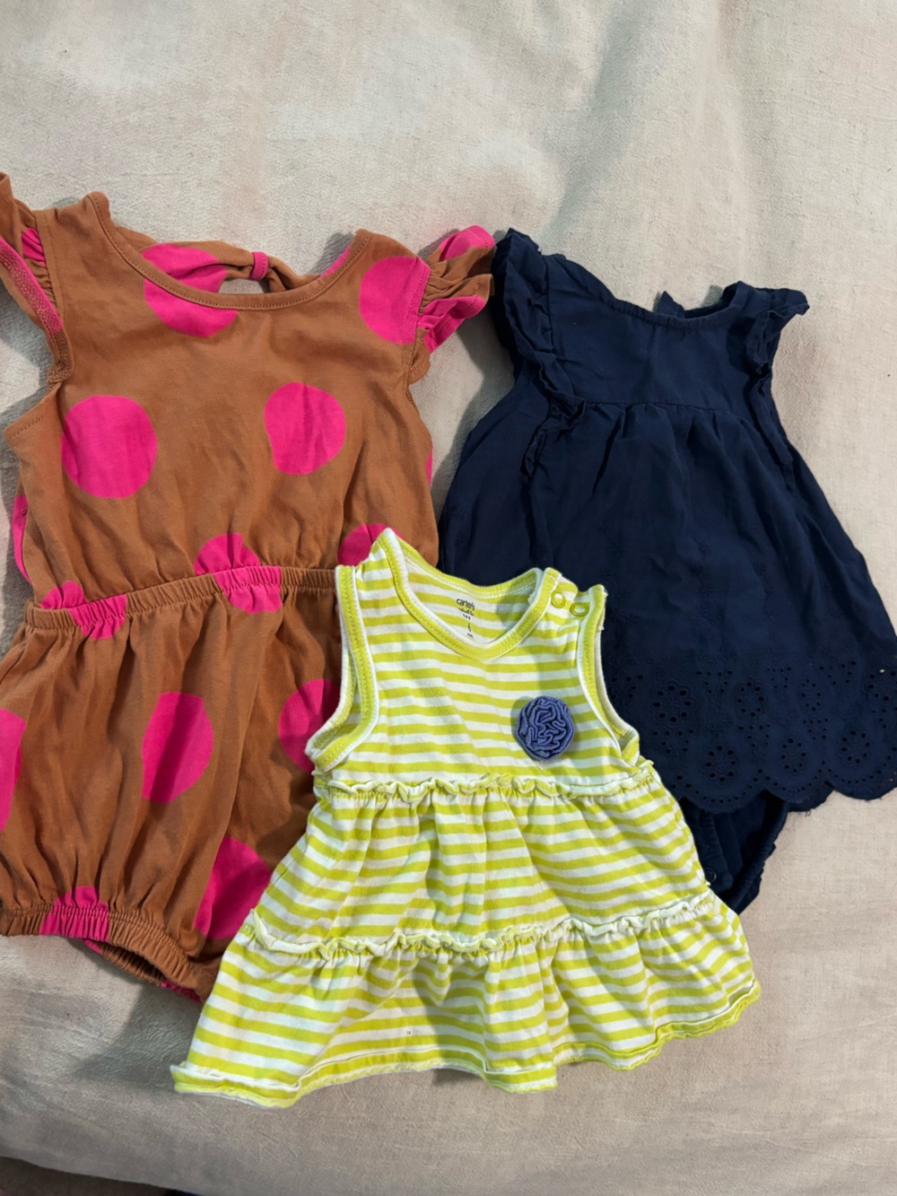 3-Piece Baby girl bundle - Pink Polka Dot romper, Navy dress, yellow tank